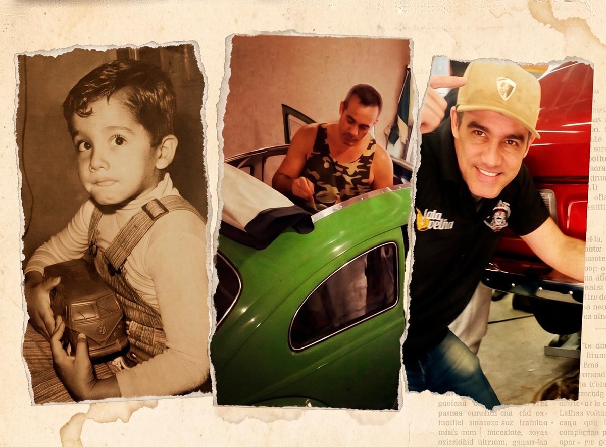 Adriano Moreira, da infância à oficina: o menino com o brinquedo da Kombi, a instalação do teto de lona num Fusca verde e o retrato na oficina da Ragway
